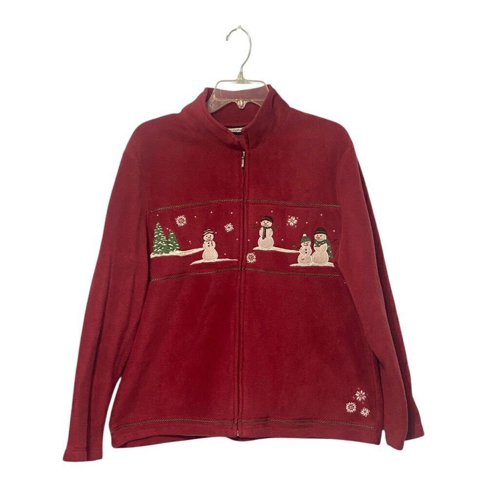 Croft & Barrow Red Fleece Jacket White Snowmen Green Fur Trees Snowflakes Size L